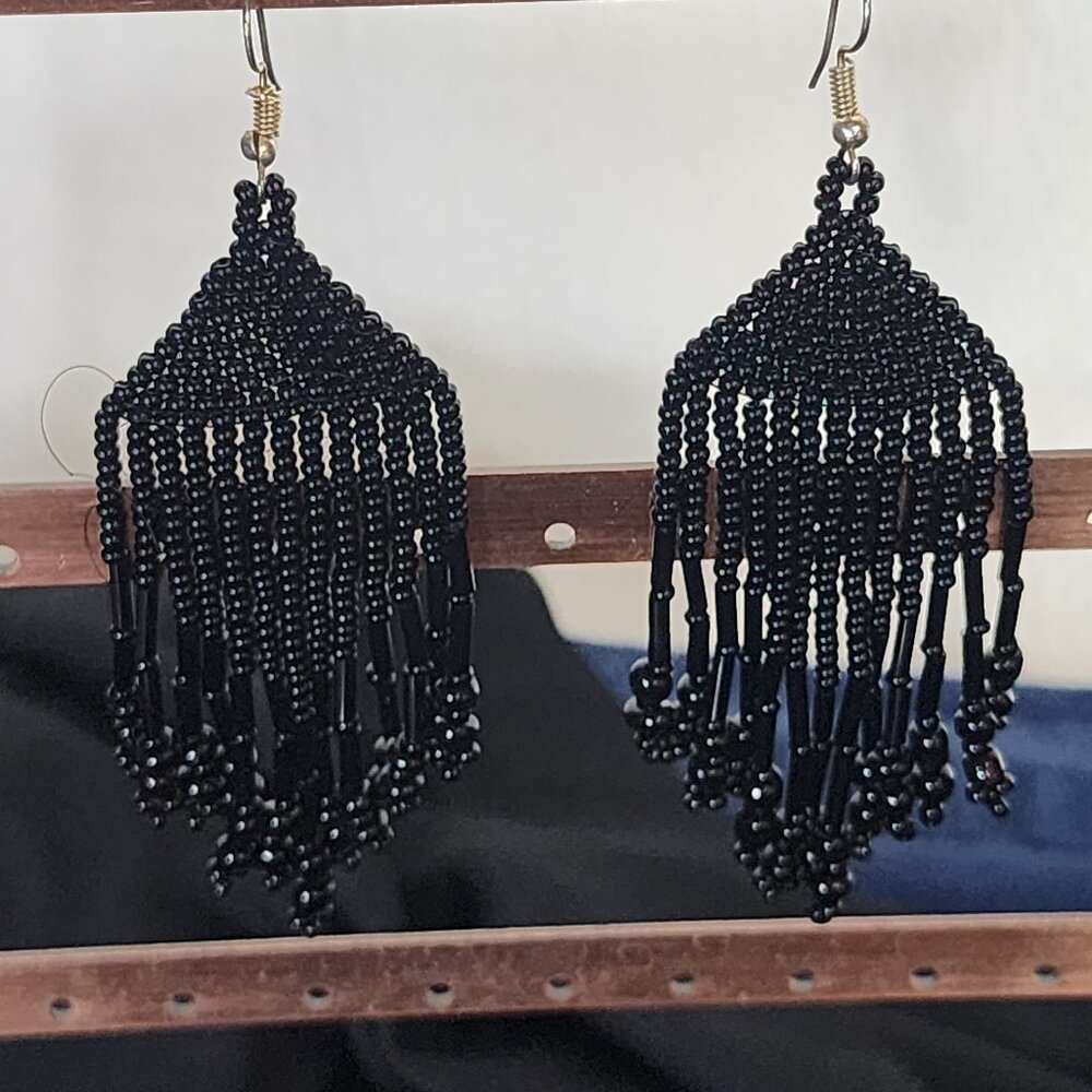 Coal Black Handmade Beaded Chandelier Shepard's Hook Earrings for Pierced Ears - Picture 2 of 16